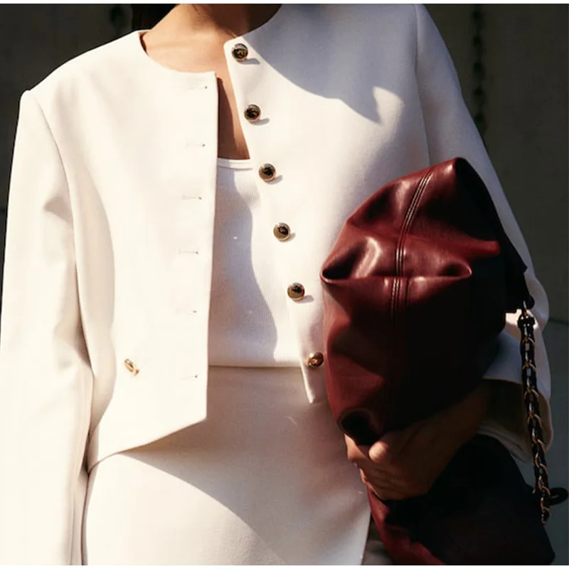 Description Picture 2 of itemWomen Cropped Jacket Fashion O Nack Long Sleeve Single Breasted Fake Pockets 2024 New Autumn Female High Street Short Outerwear