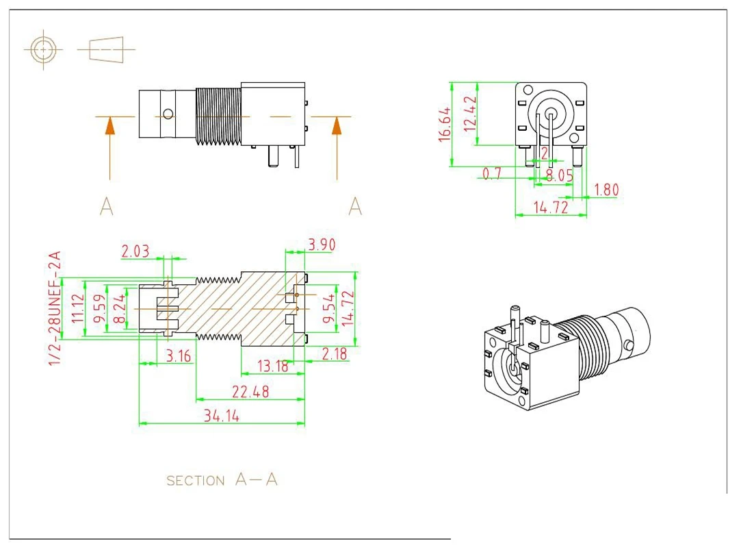 BNC Female Right Angle RF Coaxial Connector for PCB Mount