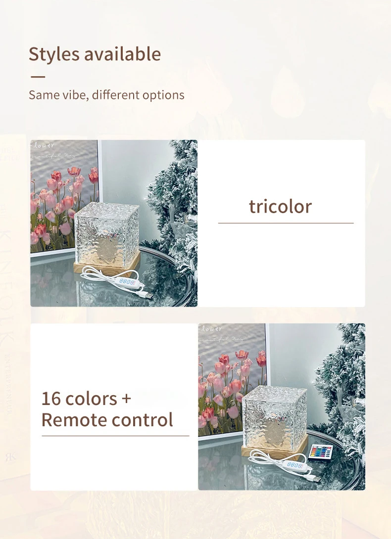 Description Picture 3 of item3/16 Colors Flame Crystal Lamp Dynamic Rotating Water Ripple Projector Night Light For Living Room Study Bedroom Rotating Light