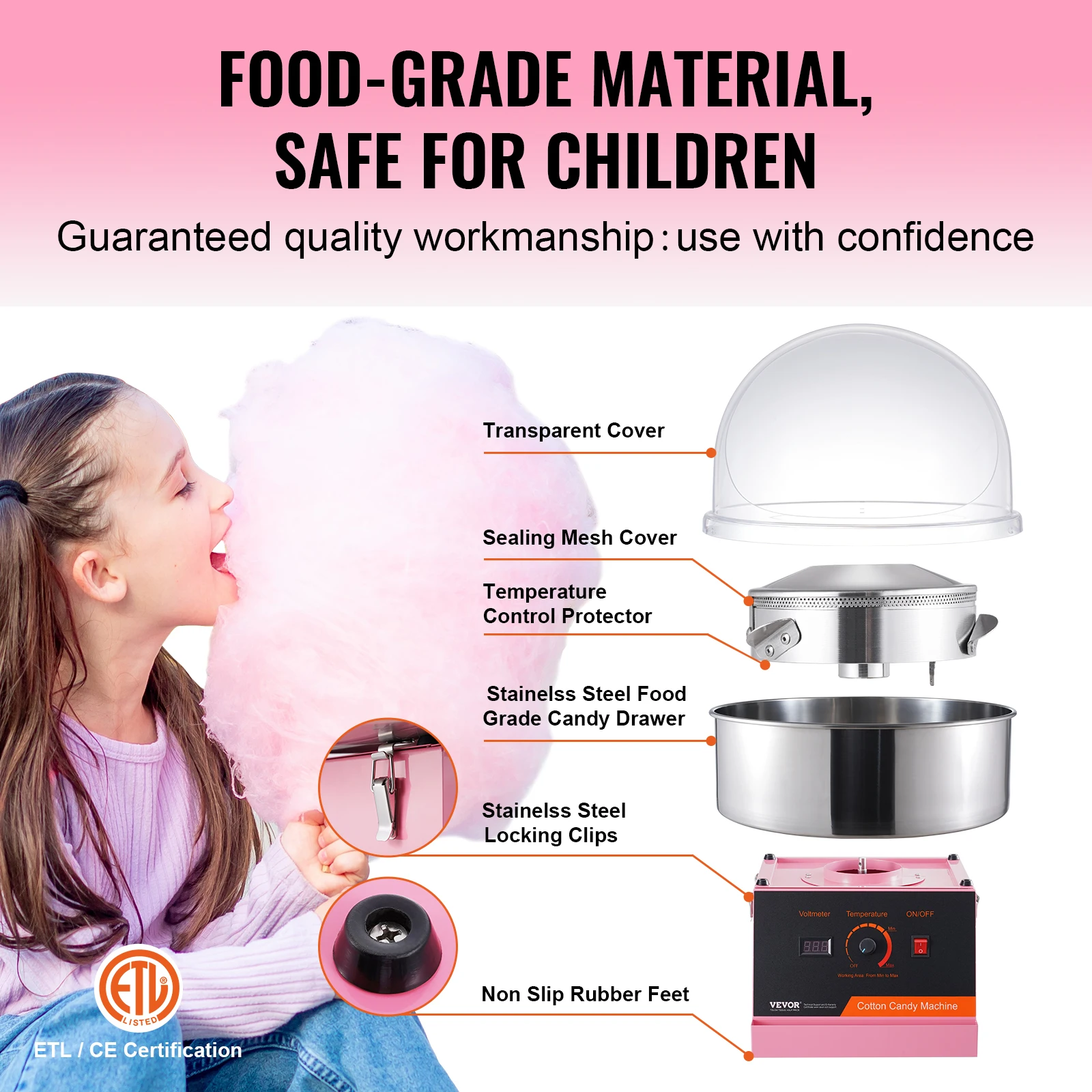 VEVOR Electric Cotton Candy Machine 1000W Candy Floss Maker Commercial Cotton Machine Stainless Steel Bowl and Sugar Scoop