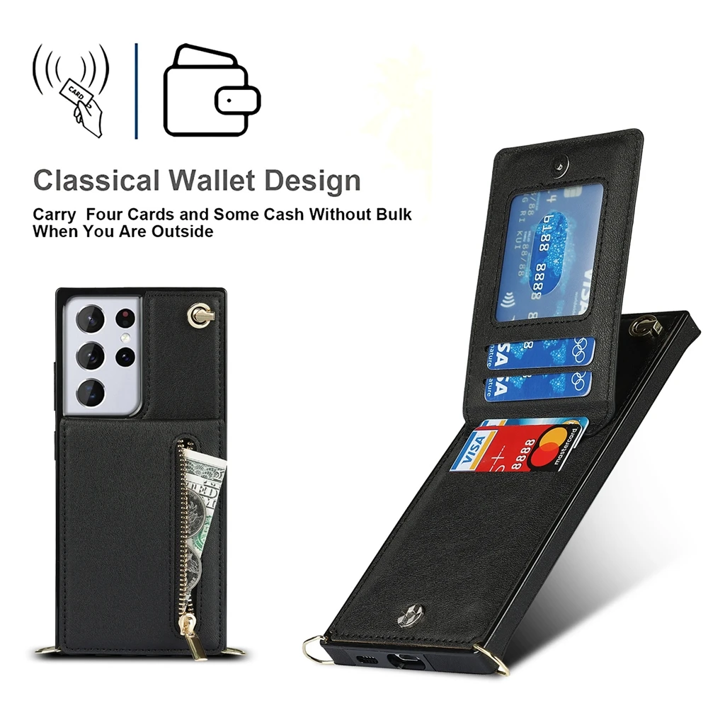 Leather Case For Samsung Galaxy Note 10 20 S23 S24 Ultra S22 Plus S21 FE S20 Cards Holder Wallet Stand Cover Single Shoulder Bag