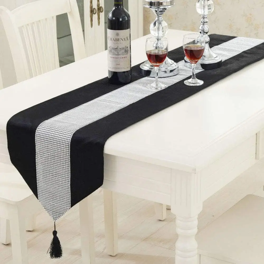 Velvet Diamante Table Runner European Tasseled Flannel Table Runner Wedding Party Mat Decorate Accessories 31x183cm,cotton table runner