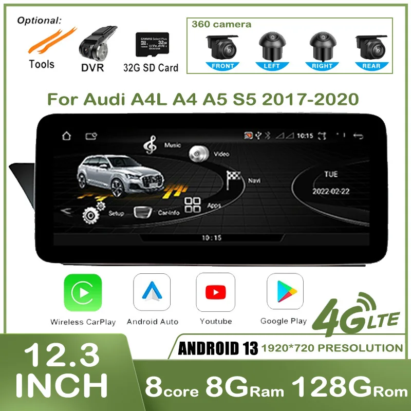 

12.3" Android 13 Autoradio for Audi A4L A4 A5 S5 2017-2020 Car Multimedia GPS Carplay Radio Screen Player Auto 4G Wifi Wireless