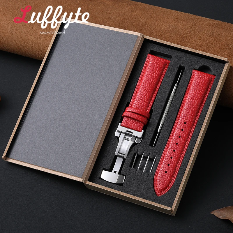 Elegant Lychee Leather Watch Band with Butterfly Buckle - Includes Gift Box