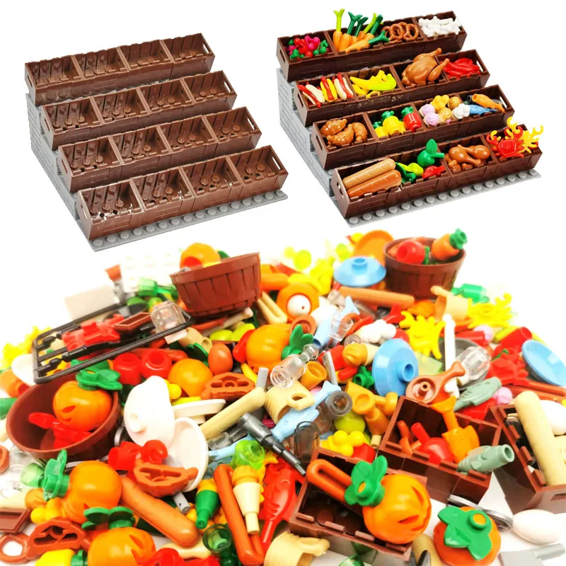 Food Building Blocks City Friend Accessori Patatine Fritte Pollo Arrosto Pizza Hot Dog Pesce Frutta Carota Basket Classic Moc Bricks