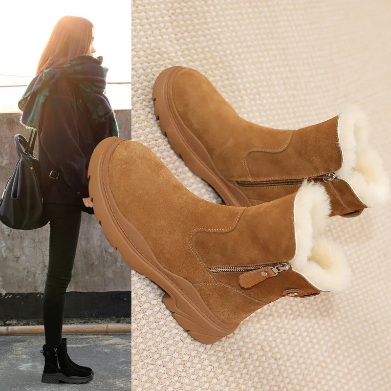 

CINESSD Winter Boots For Women Keep Warm Plush Flat With Ladies Retro Platform Shoes Round Toe Zipper Office Lady Ankle Boots