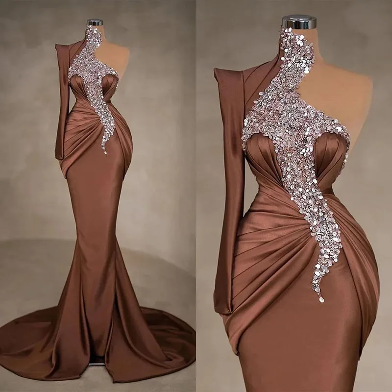 

Simple Glitter One Shoulder Sequined Mermaid Evening Dresses Brown Prom Dress Floor Length Formal Party Gowns