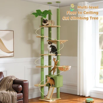 Floor to Ceiling Cat Tree Tower Adjustable Height with Cat Condo Cozy Hammock and Scratching Post Tall Activity Tree 2