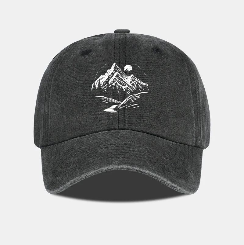 Mountain Landscape Washed Baseball Cap, verstellbare Unisex-Mütze für Camping, Reisen, Naturliebhaber – Detail 5