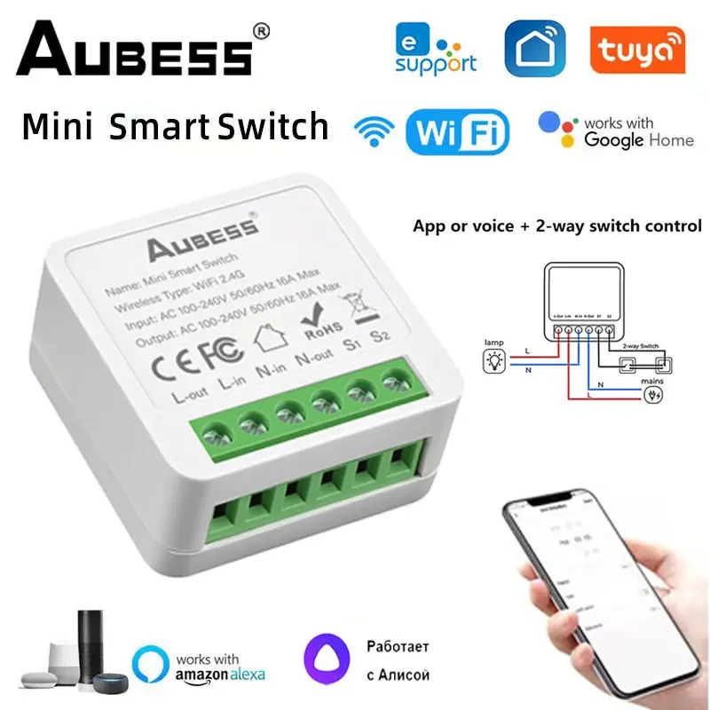 AUBESS Tuya WiFi 16A Smart Home Switch Mini DIY Control Smart Home Automation Module Via Alexa Google Home Alice Smart Life App