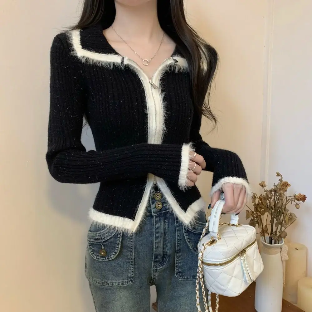 Color Blocking Patchwork Woolen Gestrickte Basis Pullover für Frauen Retro Stil Revers Slim Fit Pullover Jacke Kurze Strickjacke Top – Detail 27