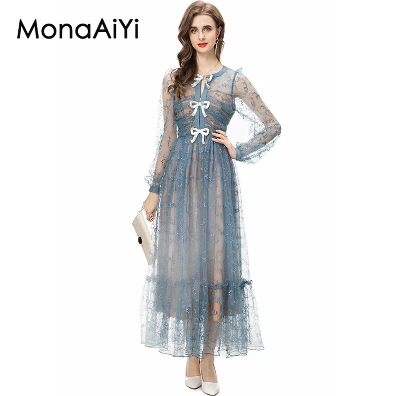 

MonaAiYi New Fashion Runway Designer Blue Dress Women's Round Collar Lantern Sleeve Embroider Bow Tulle Slim Long Sweet Dress