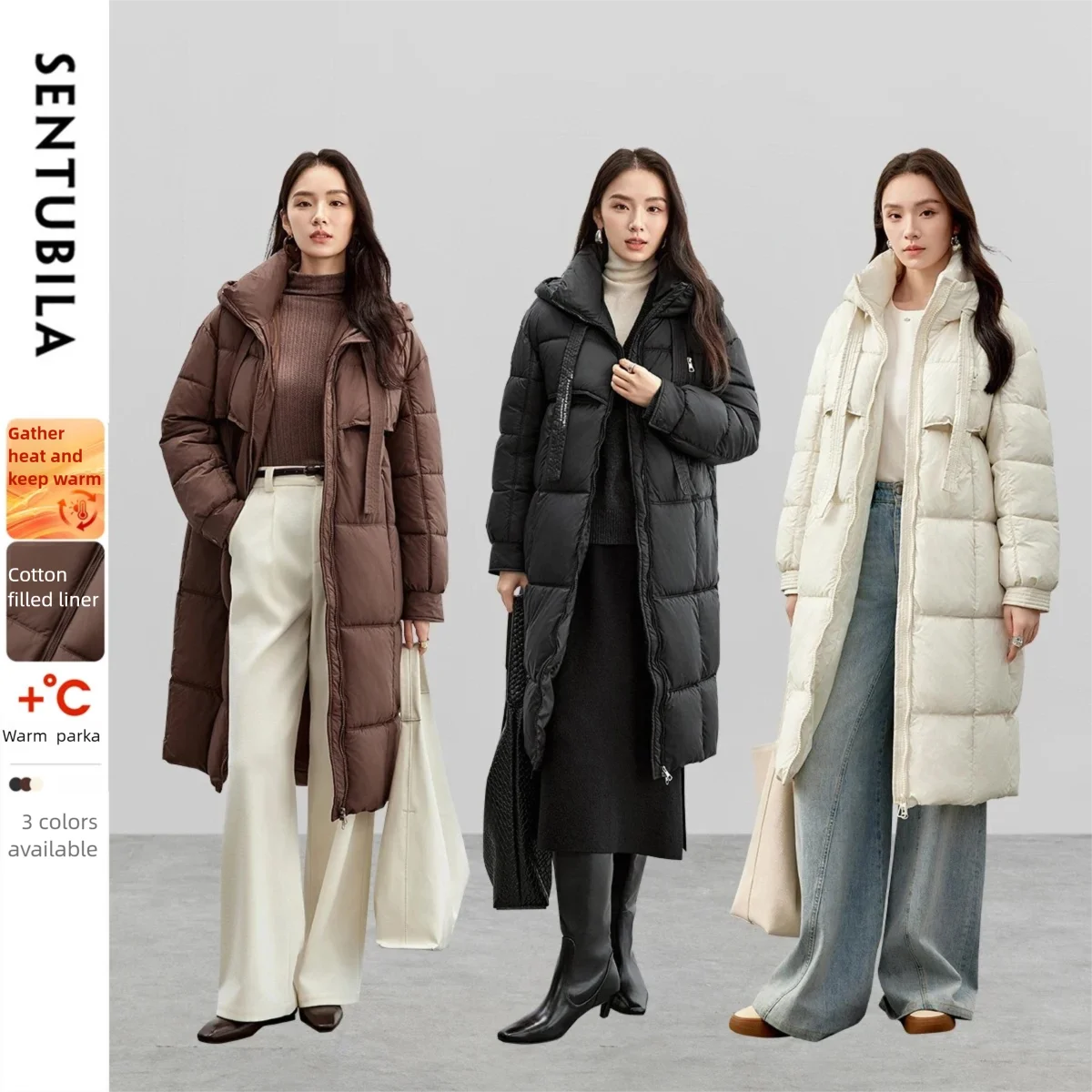 SENTUBILA femmes Parkas longs 2025 hiver rembourrage manteau surdimensionné col montant à capuche fermeture éclair vêtements d'extérieur chauds femme vêtements W44M58169