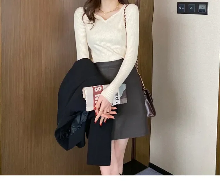 Women Slim V-Neck Bottoming Sweater Autumn Winter For Women Casual Pullovers Long Sleeve Knit Warm Office Sweater