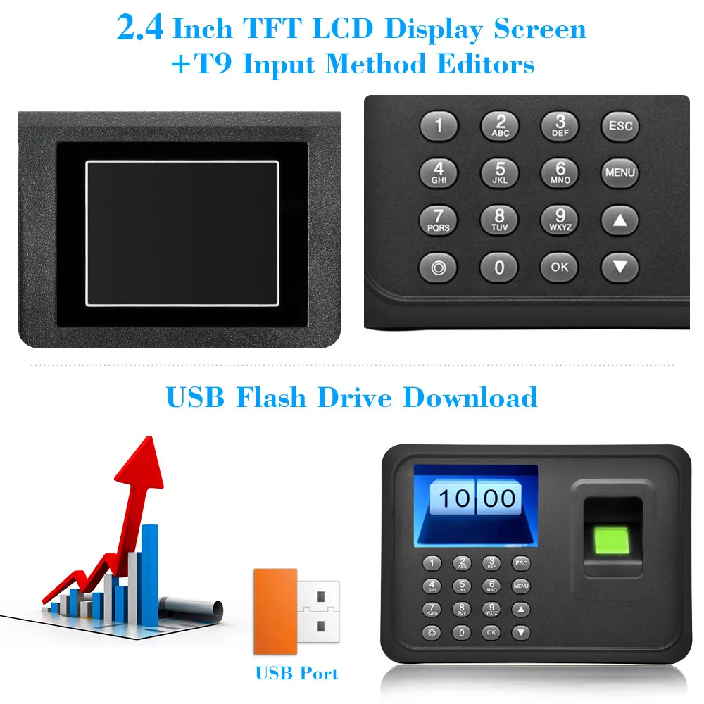 2.4" TFT LCD Display Biometric USB Fingerprint Attendance Machine Free Software Password Employee Checking-in Reader