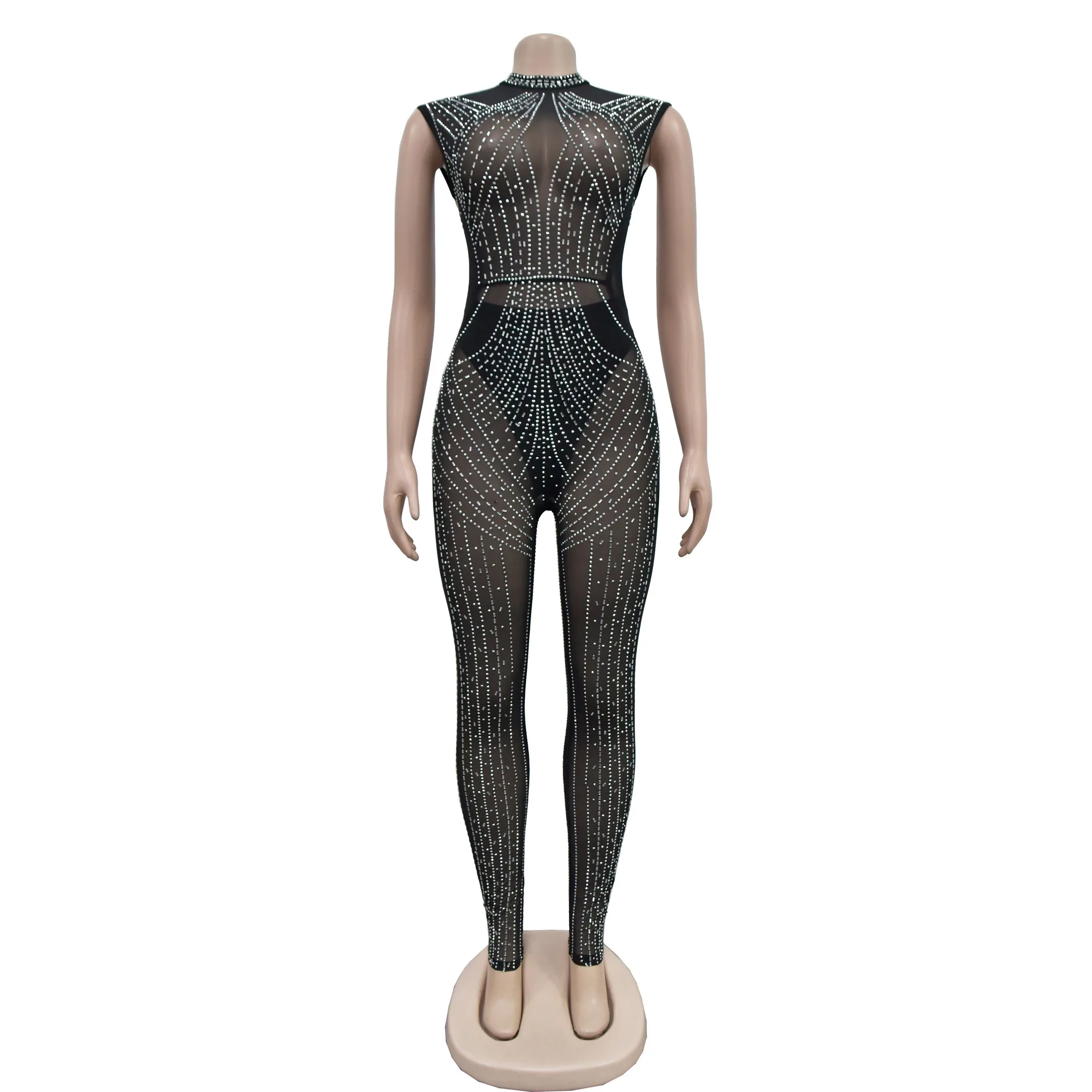 Luxury party rhinestone Sparkly Black JumpsuitsShining Pearls Women Bodysuits One PiecePerformance Costume Nightclub Stage Wear