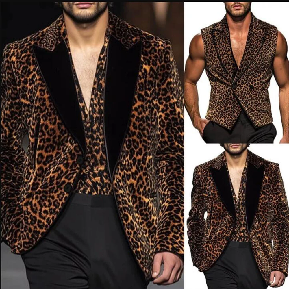 Men's Leopard Print Suits Black Peaked Lapel Prom Blazers Formal Party Man Dinner Chic Groom Wedding Tuxedos 3 Pcs