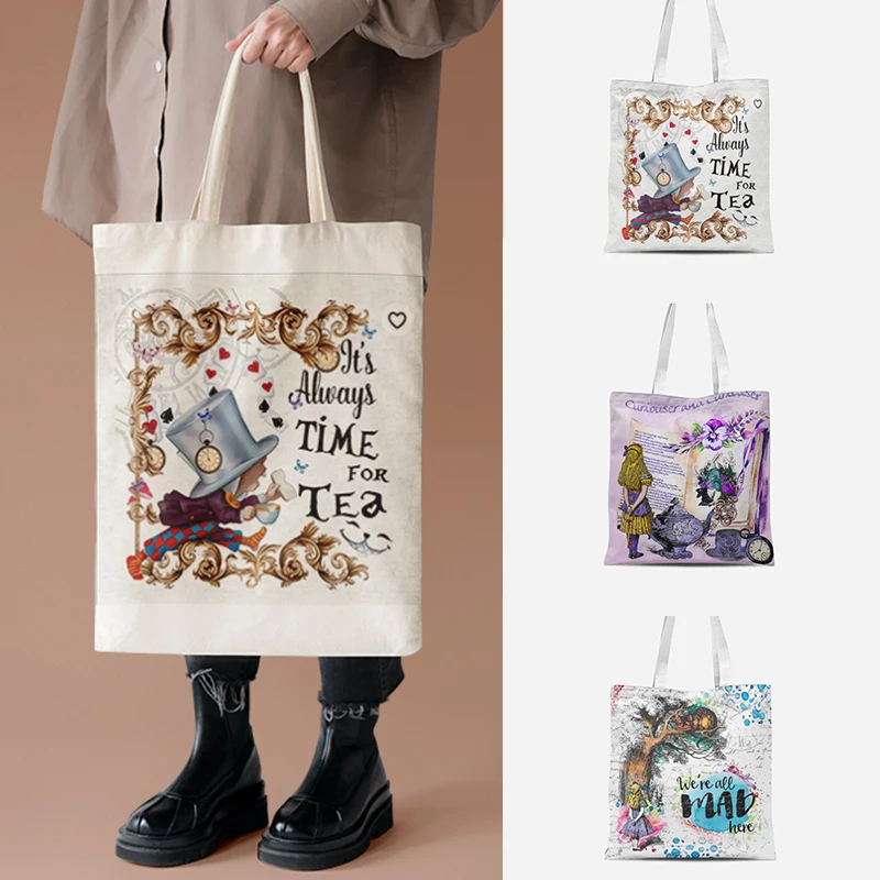 

Alice In Wonderland Shopping Bag 2022 Fashion Woman White Canvas Shoulder Bag for Girl Double Sided Casual Children Tote Handbag