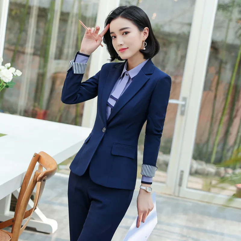 

IZICFLY Autumn Spring Style Blue Uniform Business Suits with Trouser Elegant Slim Office Blazer Set For Women Work Wear-Thick