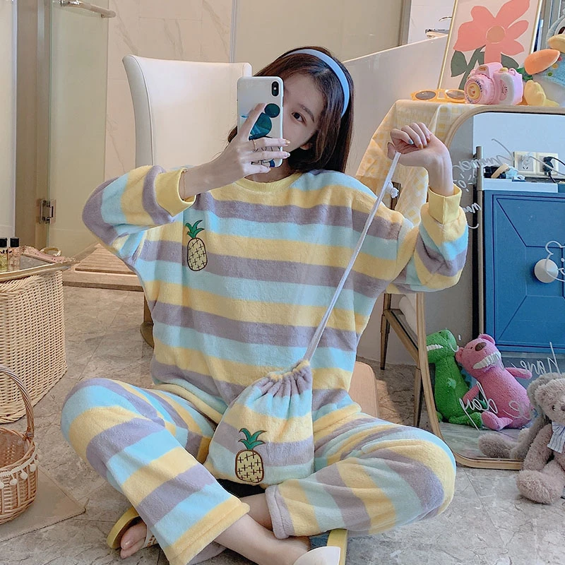 

Women Pajamas Set Warm Flannel Long Sleeve Pijama Suit Casual Homewear Clothes Autumn Winter 3 Piece Set Ladies Sleepwear Suit