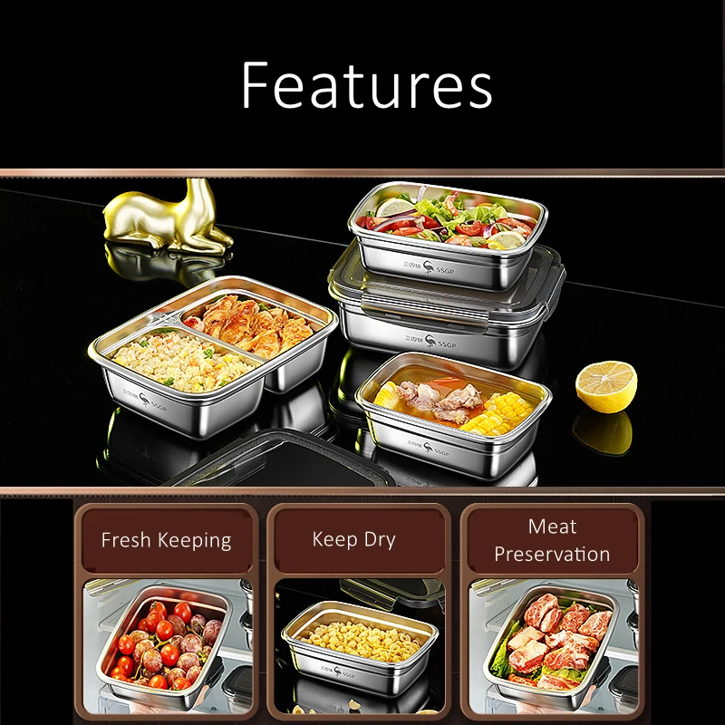 304 Stainless Steel Crisper LFGB Certficated Bento Box Meat Fruit Vegetable Preservation Food Box with 4 Side Buckle PP Cover