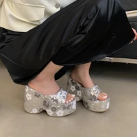 13cm Black Wedge Sandals Women Pink Flower Print Platform High Heels Slippers Summer Ladies Shoes Silver 13CM Heeled Sandals