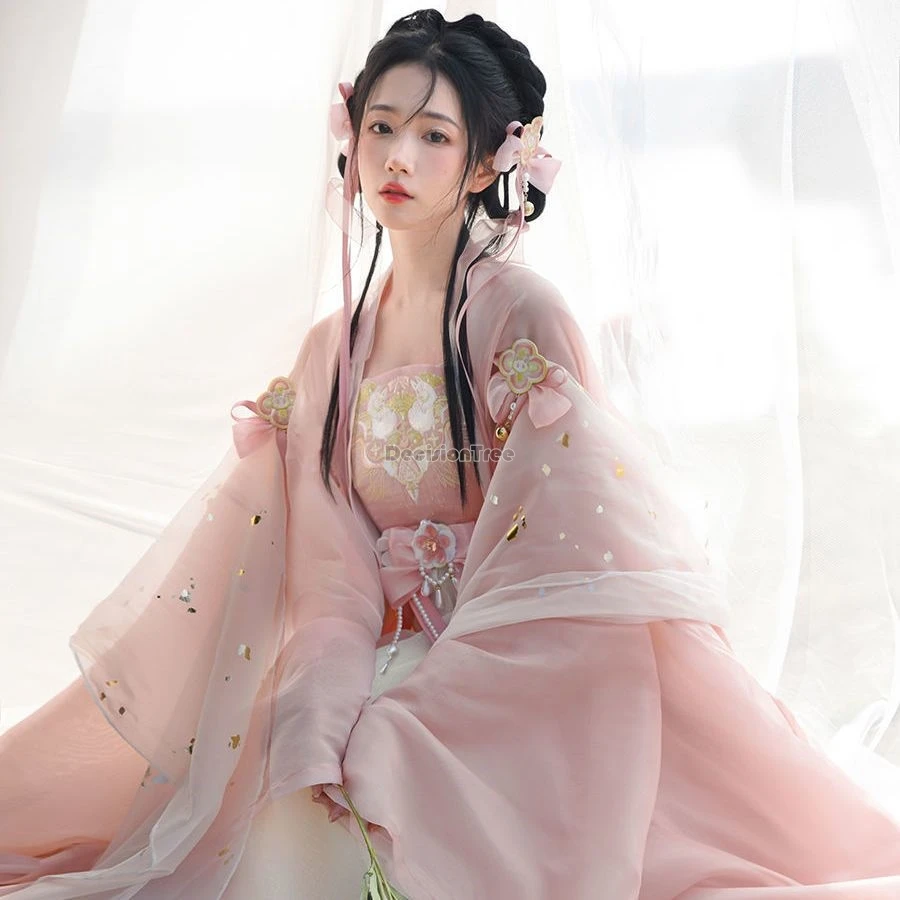 

2024 chinese improved ancient tang dynasty yarn ruqun hanfu dress embroidery flower fairy elegant loose women hanfu set w507