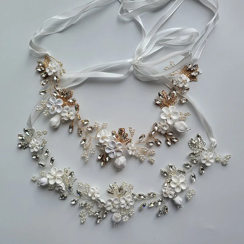 SLBRIDAL Handmade Alloy Flower Leaf Rhinestones Ceramic Flower Bridal Headband Wedding Headpieces Women Girls Hair Jewelry