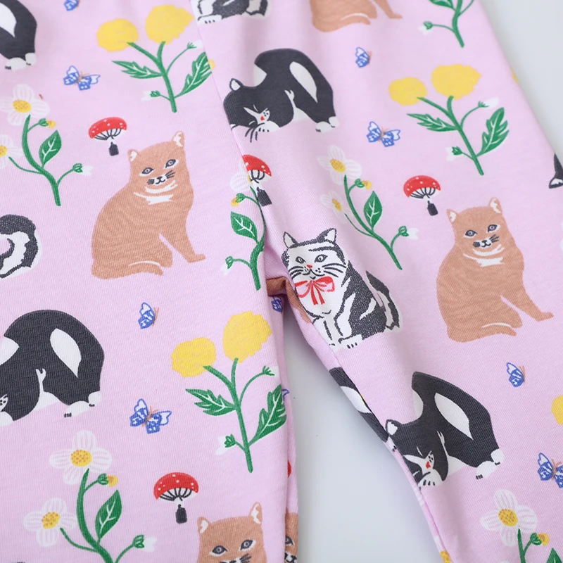 Baby Girls 2025 Autumn Spring Purple Pants Cartoon Flowers Cats Leggings Cotton Trousers Toddler Kids Clothes