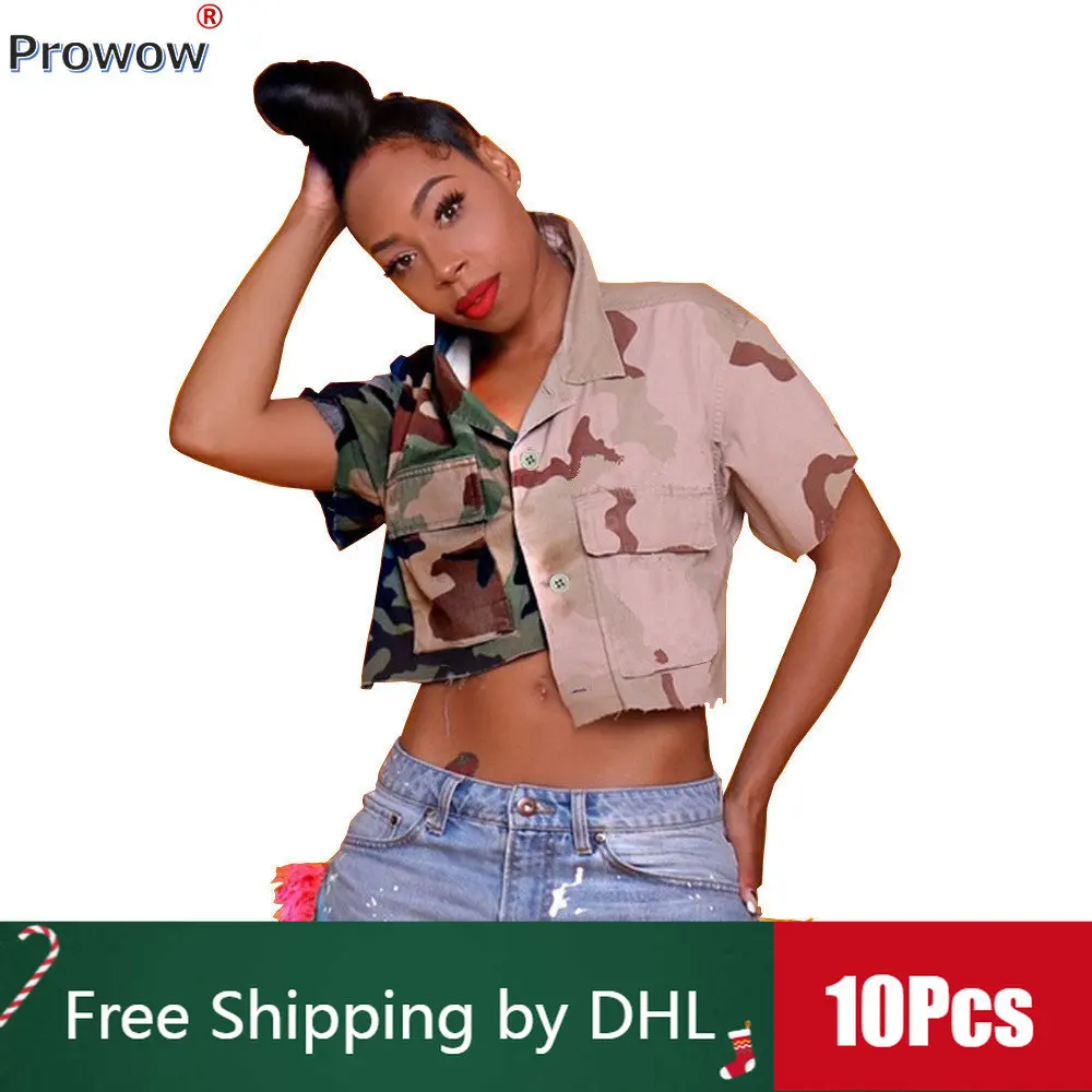 

10Pcs Bulk Camouflaged Jacket Women 2023 Short Sleeve Button Cardigan Y2k Fashion Contrasting Colors Outdoor Coat Wholesale 9725