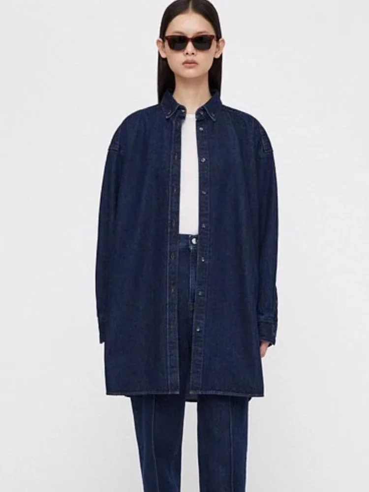 

Autumn New Navy Blue Cotton Button Placket Women's Casual Minimalist Style Medium-length Loose Jean Jacket Women's