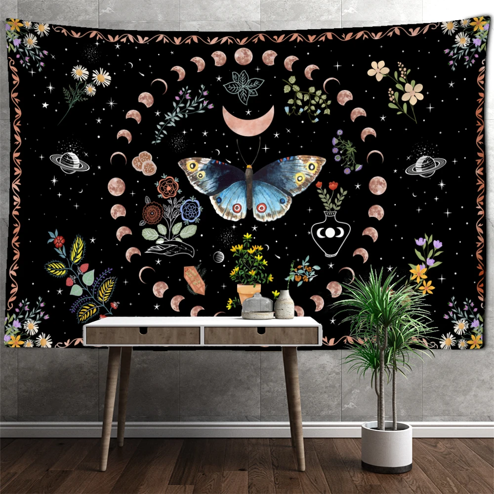 Butterfly Moonlight Garden Tapestry Wall Hanging Psychedelic Art Mystic Kawaii Room Decor Mandala Tapestry