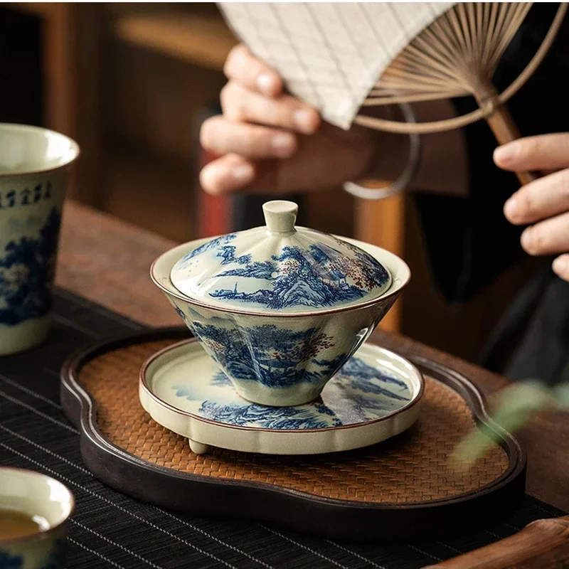 Landscape Ceramic Opening Gaiwan For Tea Tureen Teaware Cup Chinese Tea Bowls Vintage Blue And White Chawan Tea Ceramony Set
