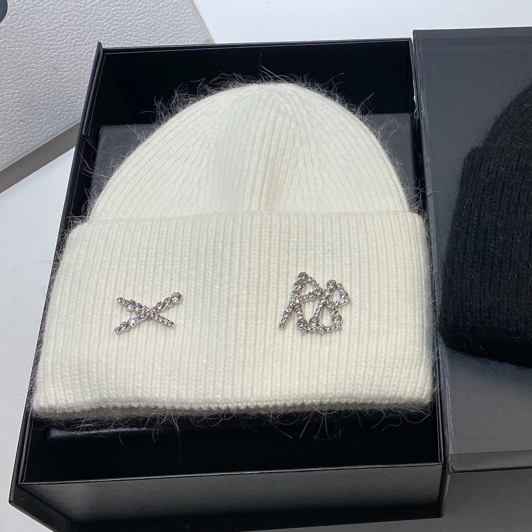 New RB Letters Rabbit Hair Knitted Hat With Winter Windproof Ear Protection Hat Outdoor Thicken Warm Hat