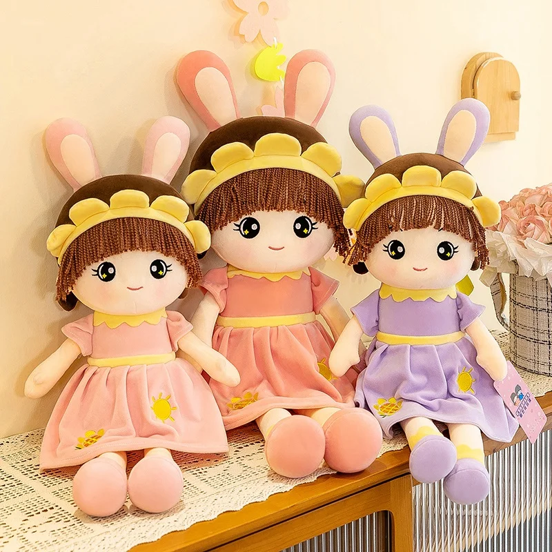 45-90cm Kawaii Sunflower Girls Doll With Bunny Ears Soft Stuffed Lovely Humanoid Body Dolls Wear Dress Plush Toys for Kids Gifts