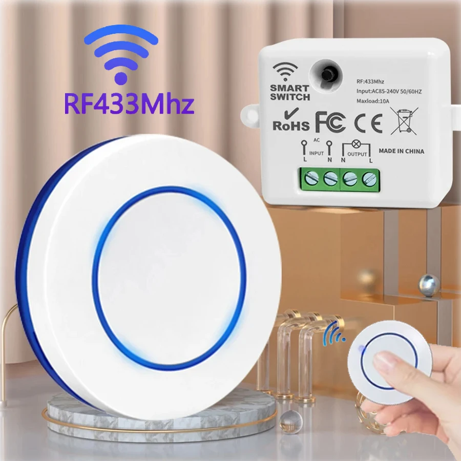 RF 433 เมกะเฮิร์ตซ์รีโมทคอนโทรลไร้สายสวิทช์ 10A 110 โวลต์ 220 โวลต์มินิรีเลย์ตัวรับสัญญาณเครื่องส่งสัญญาณสําหรับโคมไฟ LED พัดลมสวิตช์ไฟผนัง 1