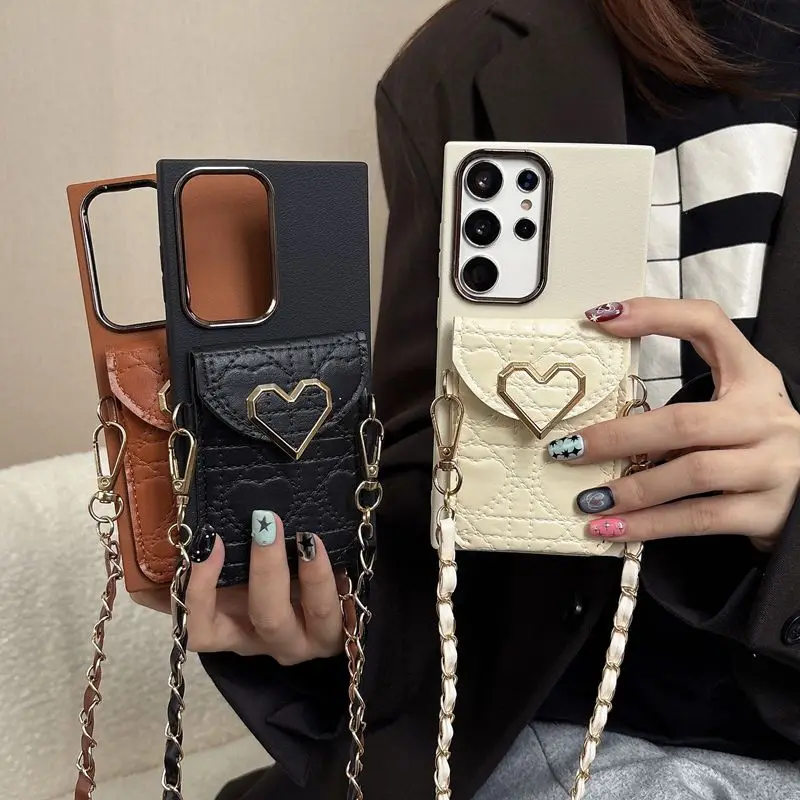 Elegant Heart Leather Wallet Phone Case with Chain Lanyard - Versatile Soft Cover