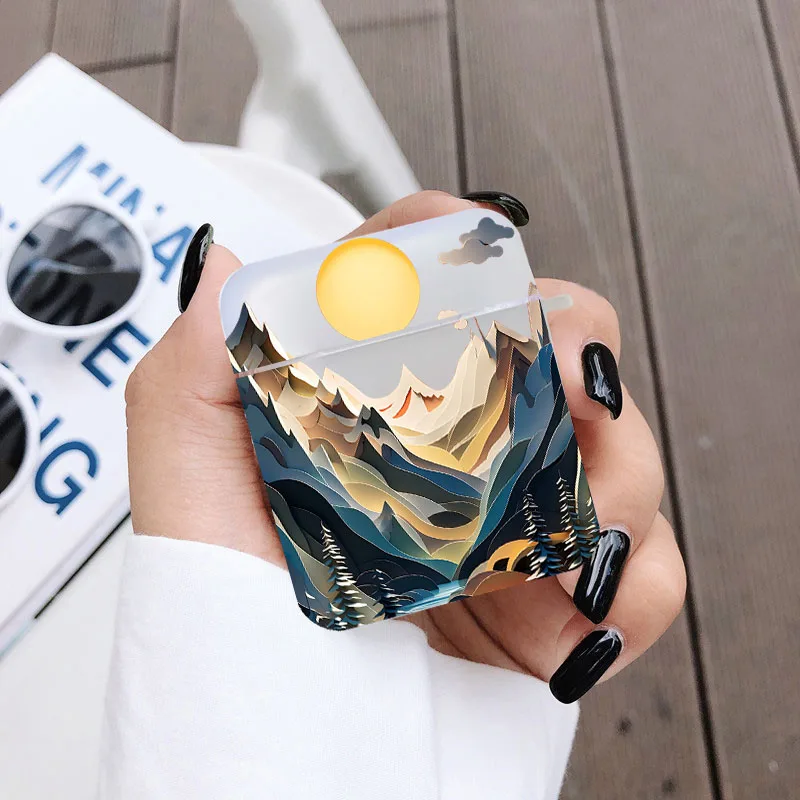 Luxury 2D Pattern Landscape Art Clear Earphone Case for Airpods 1 2 3 Pro Soft Square Wireless Headphone Cover for Air Pod 3 Bag
