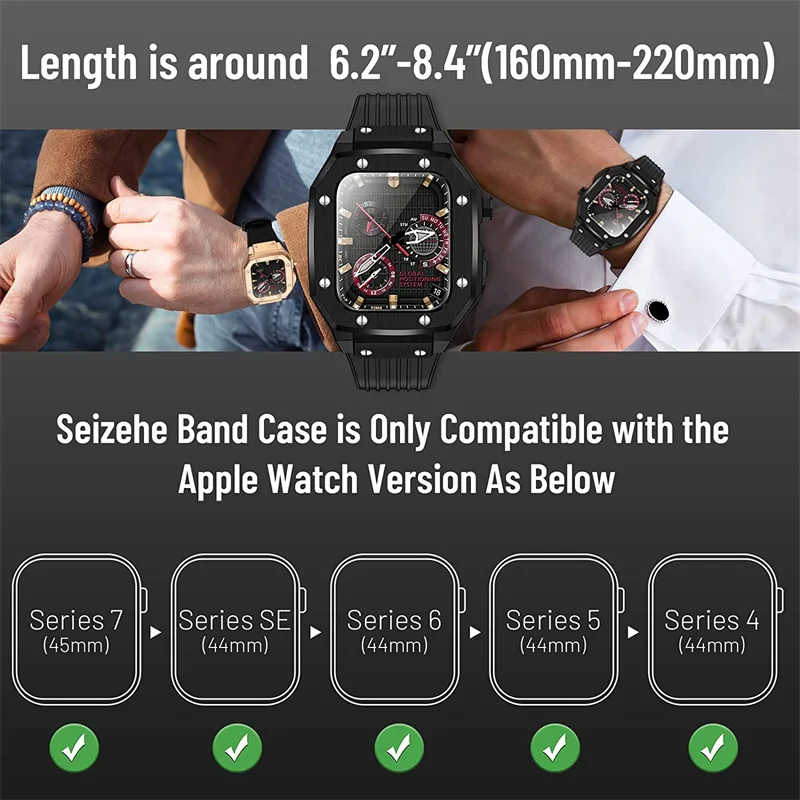 Luxury Modification Case Band for Apple Watch Series 8 7 6 5 4 44mm 45mm Men Rugged Case Silicone Sport Band for iWatch 6/5/4 SE