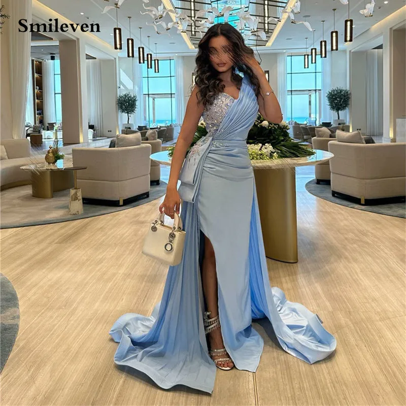 

Smileven Sky Blue Mermaid Evening Dresses Beading Side Split Prom Party Dress Saudi Arabia Cocktail Gowns 2023