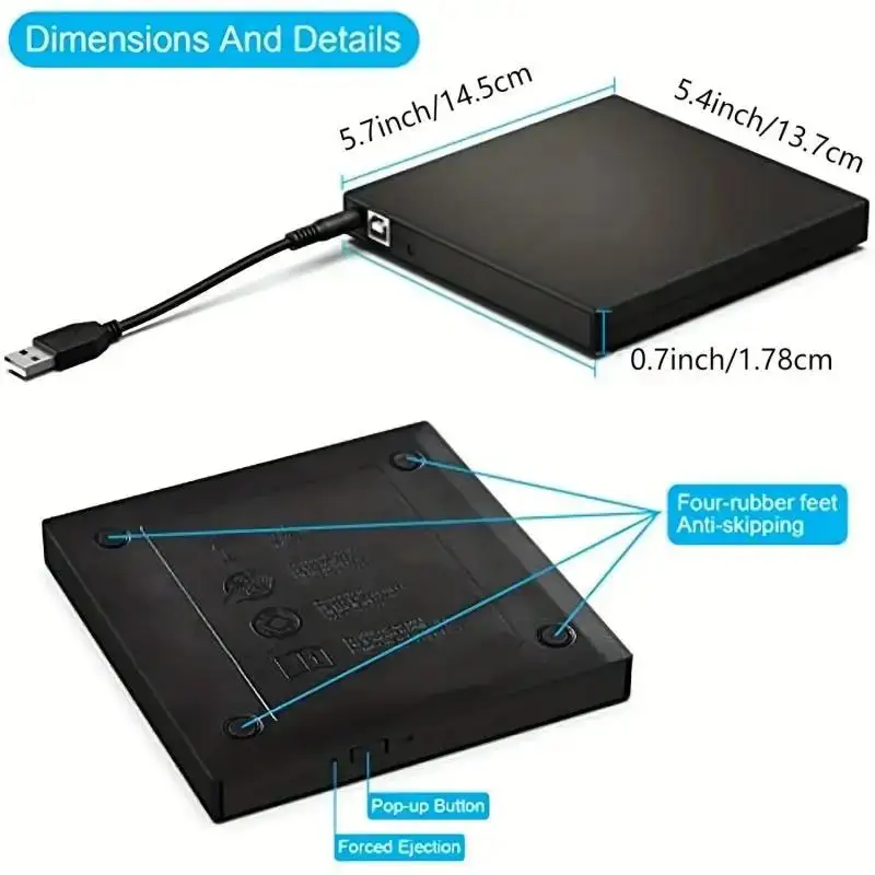 【Hottest Trends】 USB 2.0 External DVD RW CD VCD Writer Drive Burner Reader Player Optical Drives For Laptops PC 11 10 Linux OS Mac.