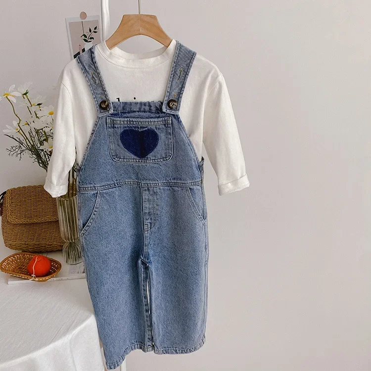 Korean style fashion heart denim overalls Spring unisex casual suspender trousers