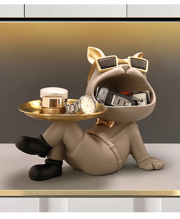 Bulldog Resin Figurine Ornament, Big Mouth Dog with Storage Tray, Candy, Key Storage Container Ornament, Tabletop Figurine