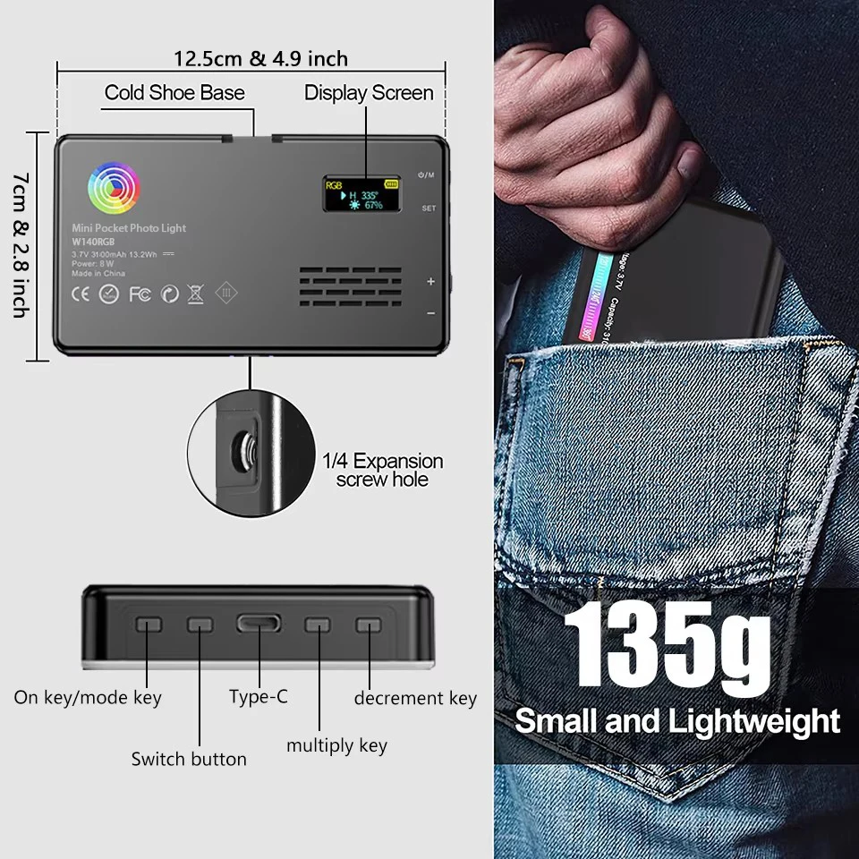RGB LED Video Light Panel with Adjustable Color Temperature and LCD Display for Photography and Streaming