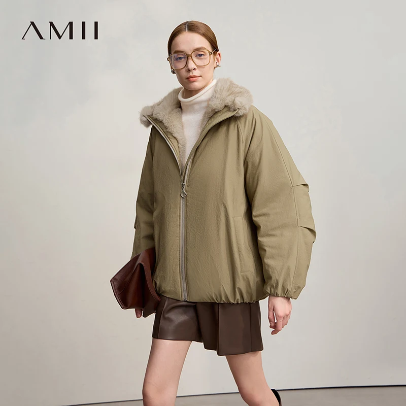 AMII veste femme 2025 hiver nouveau ample moyen et Long col de fourrure fermeture éclair manches longues décontracté chaud Parkas veste femme 12544100