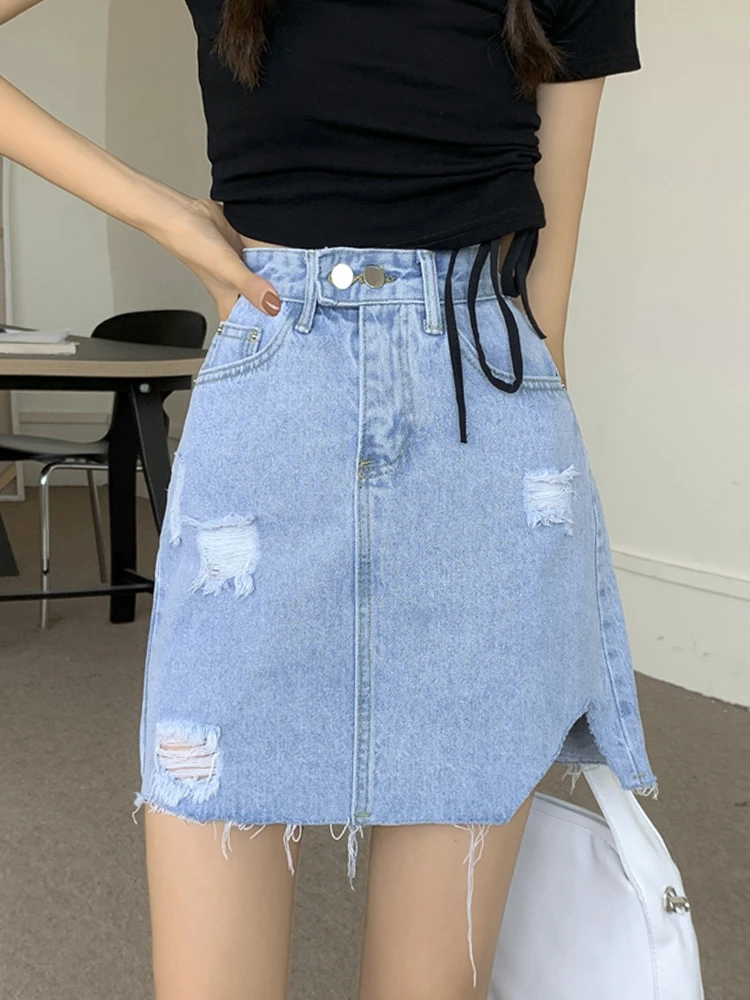 maxi skirts for women Korean Version of Chic All-Match Hole Denim Skirt Summer Skirt Female New High Waist Thin A-Line Package Hip Skirt Short Skirt black maxi skirt