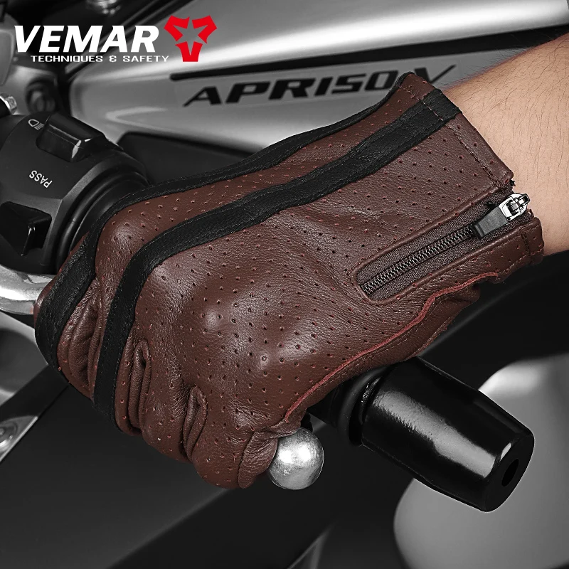 Vemar Summer Breathable Touchscreen Men's Gloves Retro Leather Vintage Riding Guantes Motocross Motorcycle Bike Full Finger Gift