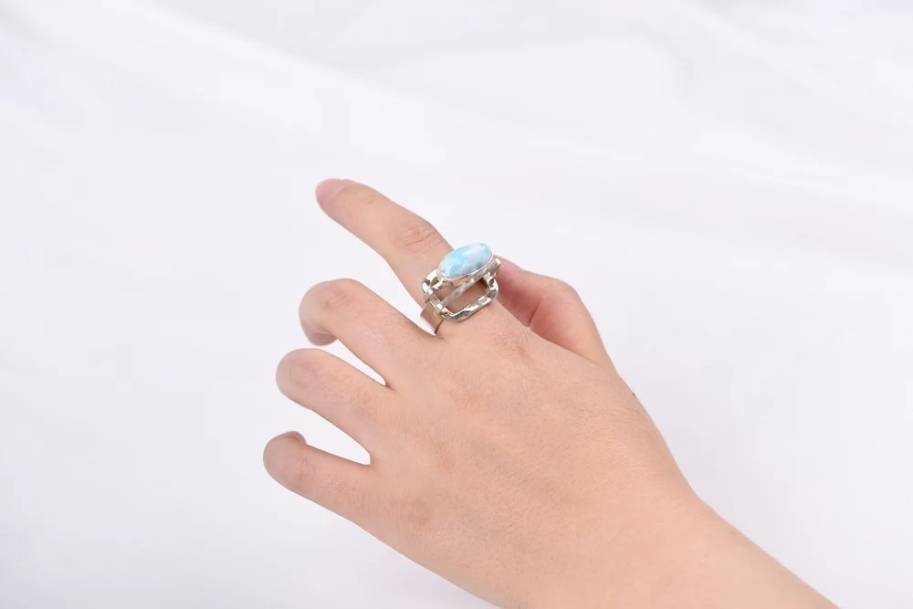 925 Sterling Silver Natural Larimar Irregular Open Big Rings