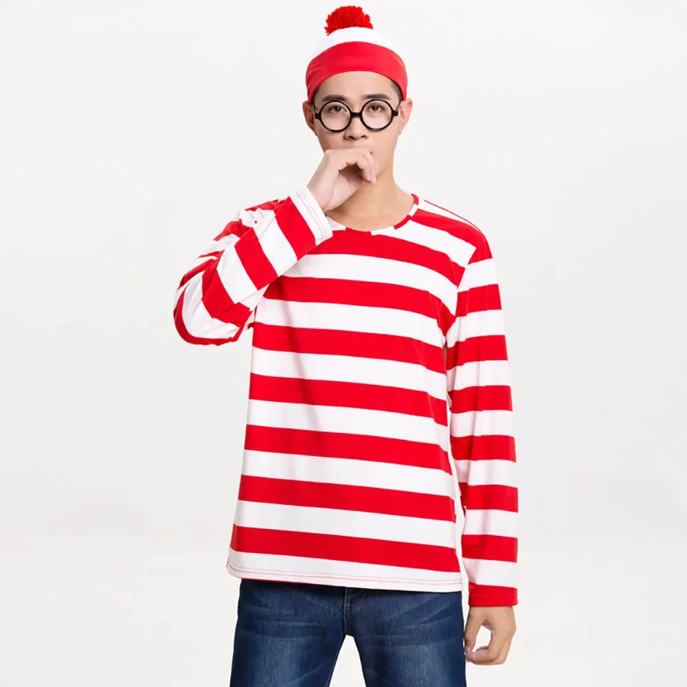 Parent-child wheres wally kostýmy dospělý dítě anime waldo cosplais hra uniforma červená proužek košile čepice brýle vánoce obleček