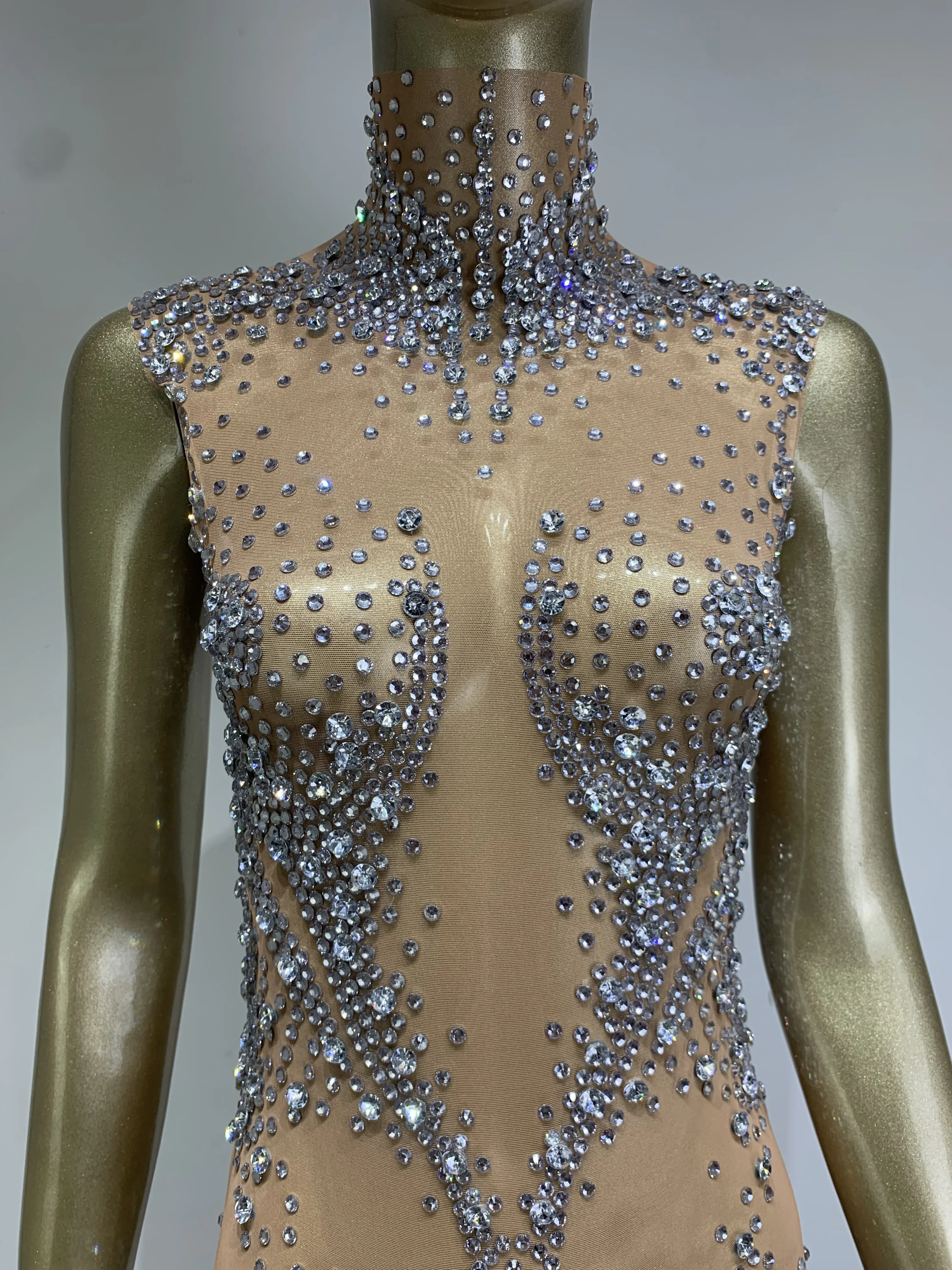 Women Sexy Sparkly Silvery Rhinestones Mesh Stretch Bodysuit Performance Dance Costume Nightclub Party Singer Dancer Stage Wear